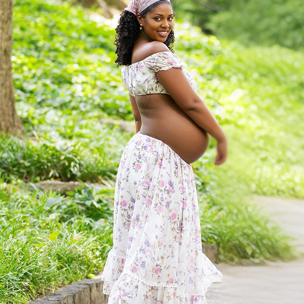 Momnfancy 2-in-1 Boat Neck Crop Print Photoshoot Maternity Maxi Dress