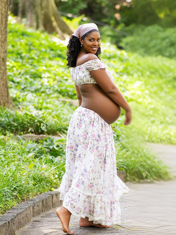 Momnfancy 2-in-1 Boat Neck Crop Print Photoshoot Maternity Maxi Dress