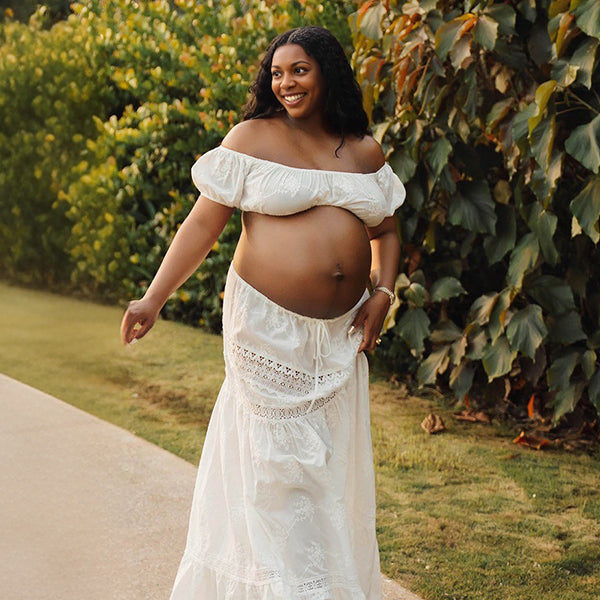 Momnfancy 2-in-1 Lace Splicing Puff Sleeve Crop Maternity Maxi Dress