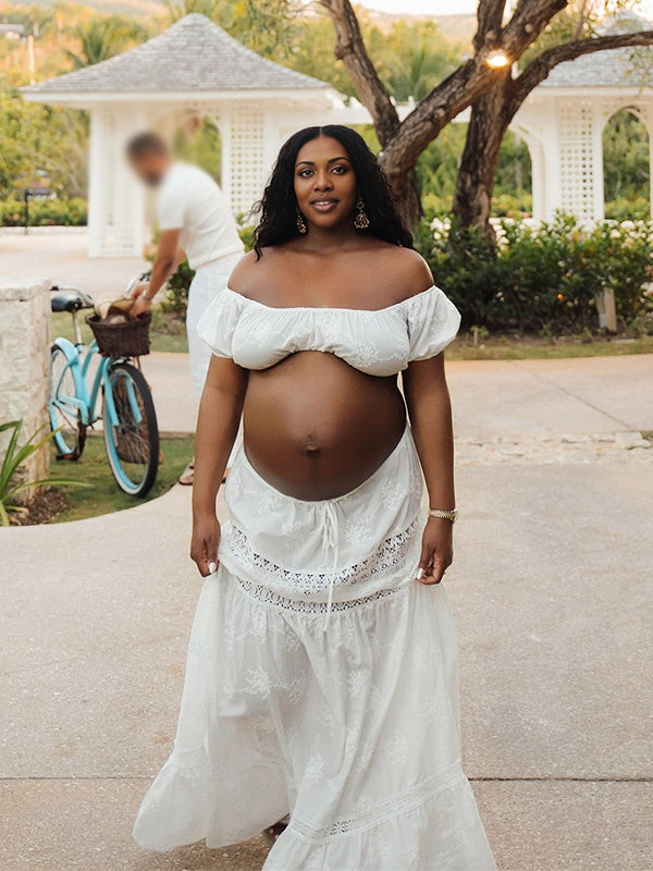 Momnfancy 2-in-1 Lace Splicing Puff Sleeve Crop Maternity Maxi Dress