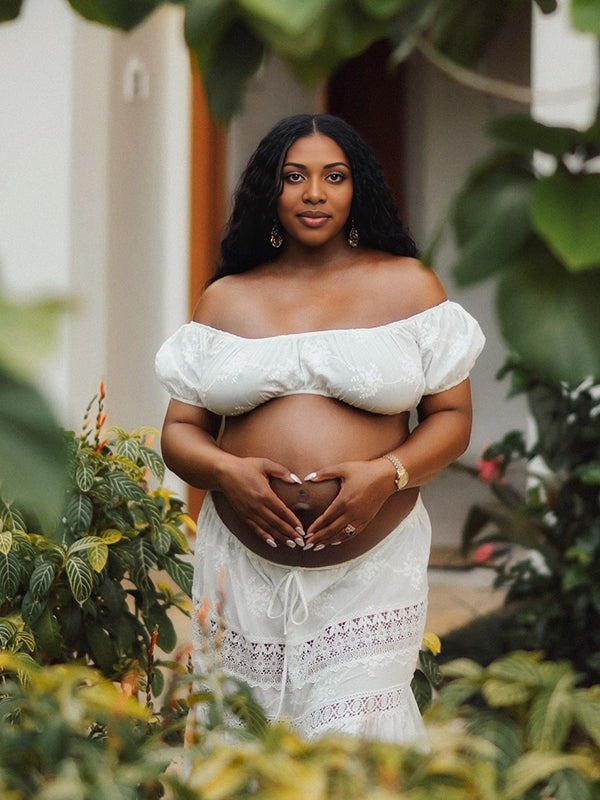 Momnfancy 2-in-1 Lace Splicing Puff Sleeve Crop Maternity Maxi Dress