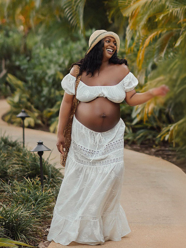 Momnfancy 2-in-1 Lace Splicing Puff Sleeve Crop Maternity Maxi Dress