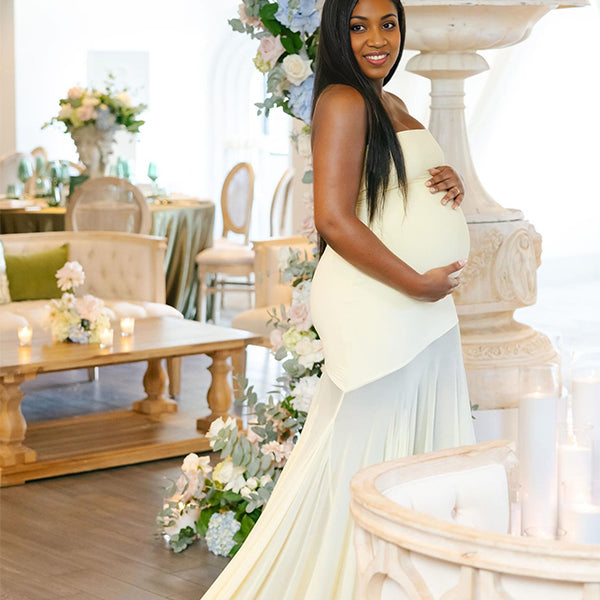 Momnfancy Yellow Tube Top Mesh Splicing Backless Ruched Bodycon Evening Gown Babyshower Maternity Maxi Dress