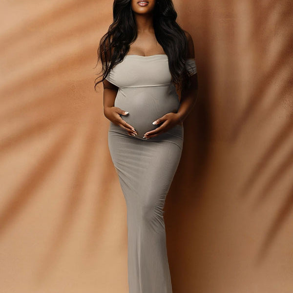 Momnfancy Grey Mesh Sheer Off Shoulder Bodycon Mermaid Photoshoot Maternity Maxi Dress