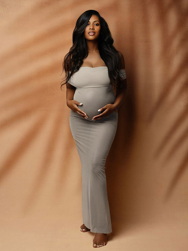 Momnfancy Grey Mesh Sheer Off Shoulder Bodycon Mermaid Photoshoot Maternity Maxi Dress