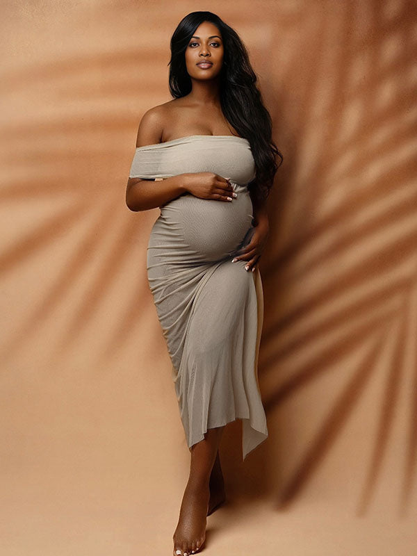 Momnfancy Grey Mesh Sheer Off Shoulder Bodycon Mermaid Photoshoot Maternity Maxi Dress