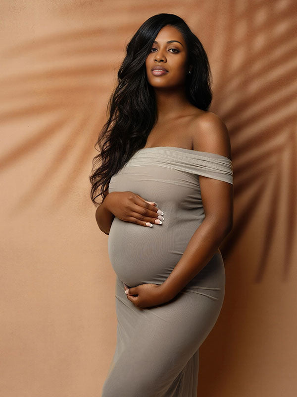 Momnfancy Grey Mesh Sheer Off Shoulder Bodycon Mermaid Photoshoot Maternity Maxi Dress