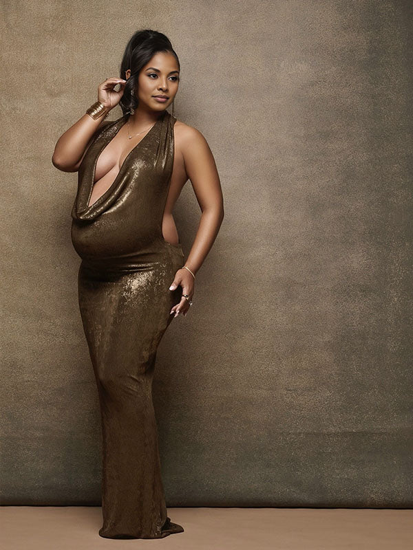 Momnfancy Halter Neck Backless Ruched Evening Gown Bodycon Mermaid Photoshoot Maternity Maxi Dress