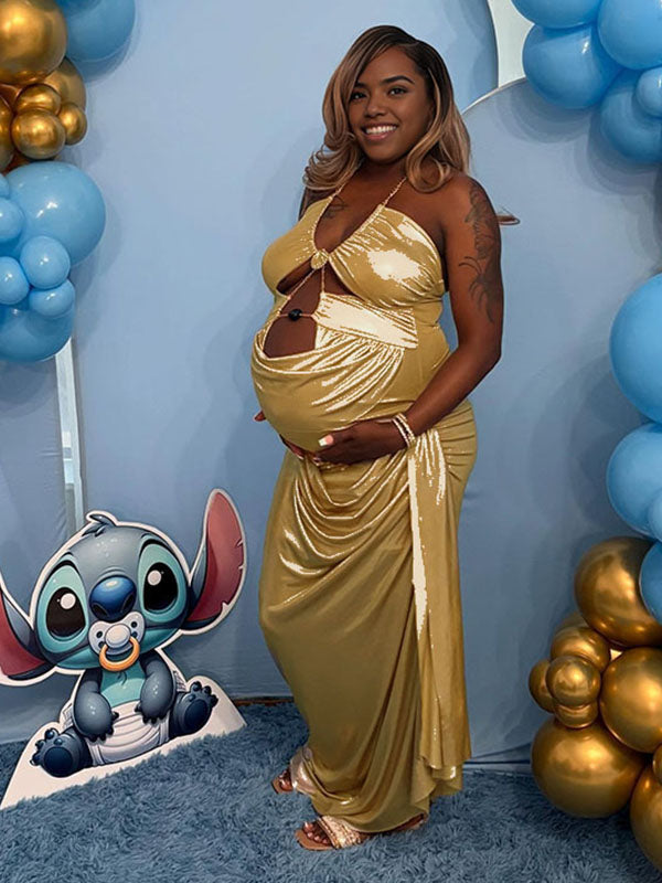 Momnfancy Halter Neck Backless Chain Cut Out Ruched Bodycon Plus Size Evening Gown Party Maternity Maxi Dress