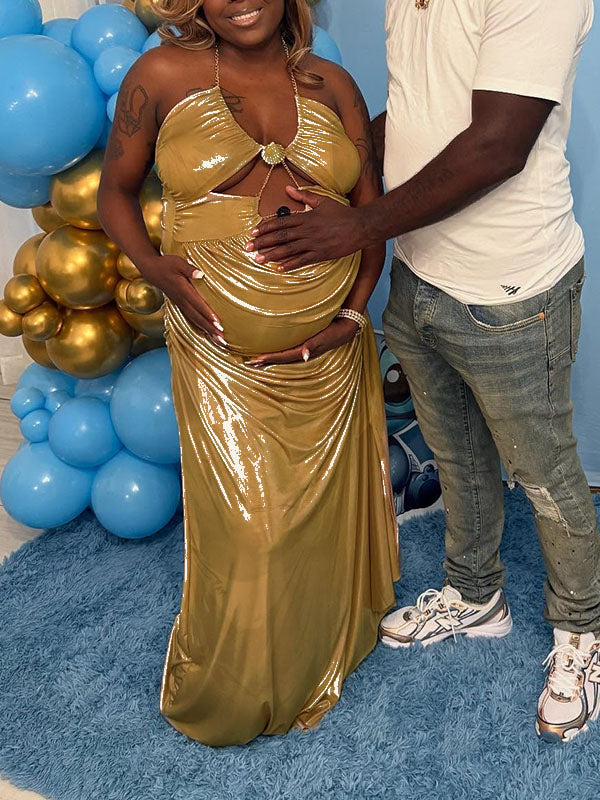 Momnfancy Halter Neck Backless Chain Cut Out Ruched Bodycon Plus Size Evening Gown Party Maternity Maxi Dress