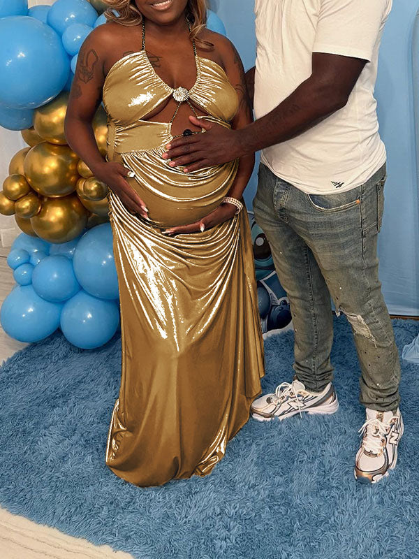 Momnfancy Halter Neck Backless Chain Cut Out Ruched Bodycon Plus Size Evening Gown Party Maternity Maxi Dress