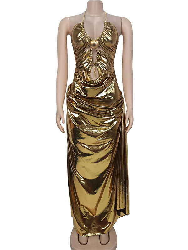 Momnfancy Halter Neck Backless Chain Cut Out Ruched Bodycon Plus Size Evening Gown Party Maternity Maxi Dress