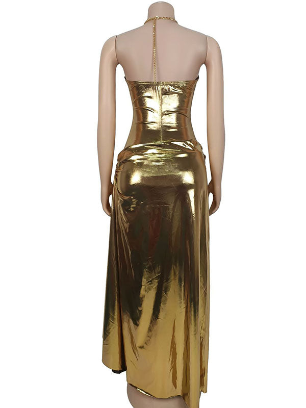 Momnfancy Halter Neck Backless Chain Cut Out Ruched Bodycon Plus Size Evening Gown Party Maternity Maxi Dress