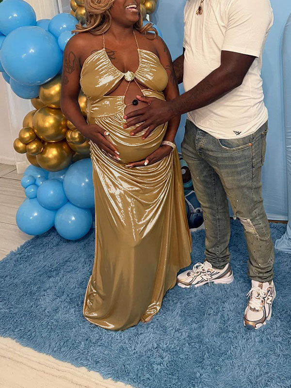 Momnfancy Halter Neck Backless Chain Cut Out Ruched Bodycon Plus Size Evening Gown Party Maternity Maxi Dress