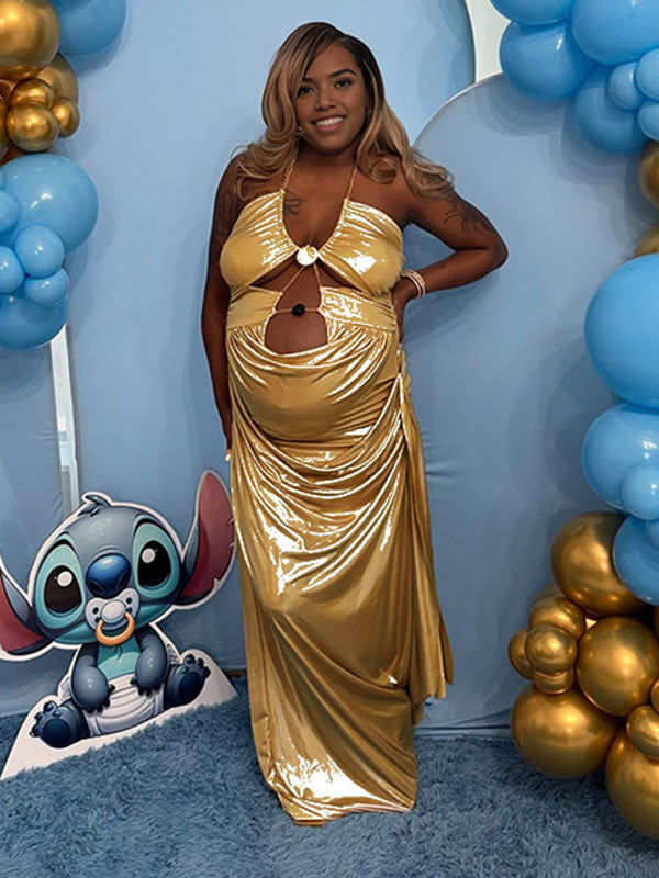 Momnfancy Halter Neck Backless Chain Cut Out Ruched Bodycon Plus Size Evening Gown Party Maternity Maxi Dress