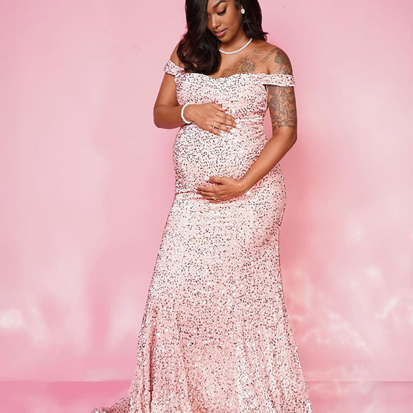 Momnfancy Sequin Off Shoulder Backless Bodycon Plus Size Evening Gown Mermaid Party Maternity Maxi Dress