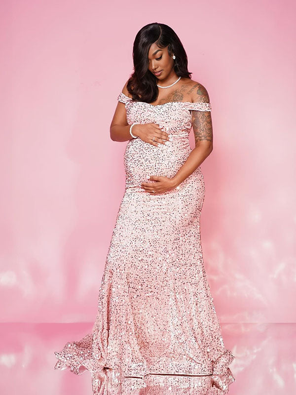 Momnfancy Sequin Off Shoulder Backless Bodycon Plus Size Evening Gown Mermaid Party Maternity Maxi Dress