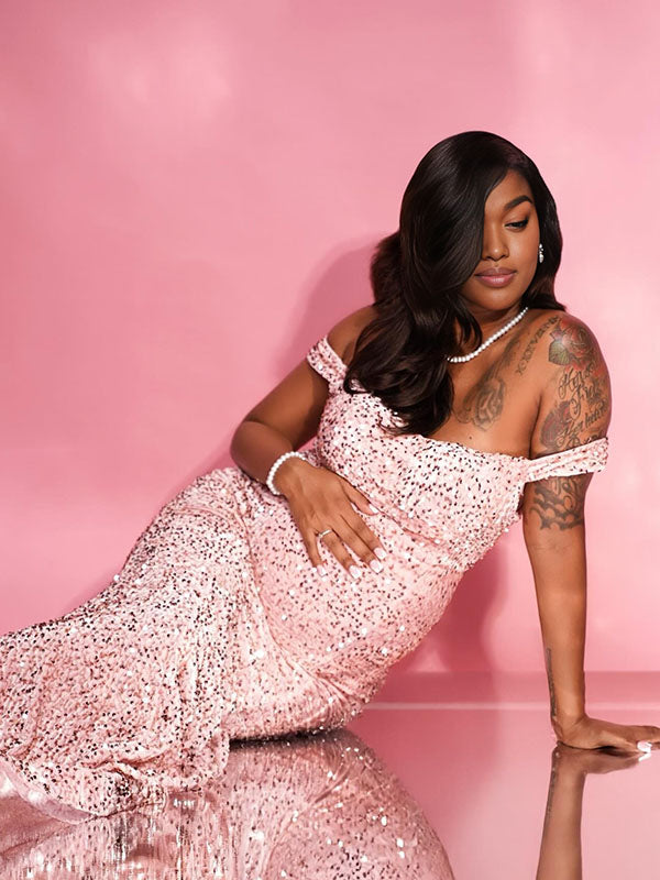 Momnfancy Sequin Off Shoulder Backless Bodycon Plus Size Evening Gown Mermaid Party Maternity Maxi Dress