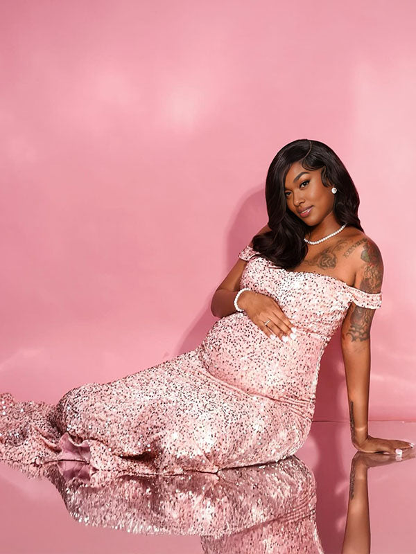 Momnfancy Sequin Off Shoulder Backless Bodycon Plus Size Evening Gown Mermaid Party Maternity Maxi Dress