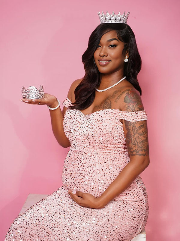 Momnfancy Sequin Off Shoulder Backless Bodycon Plus Size Evening Gown Mermaid Party Maternity Maxi Dress