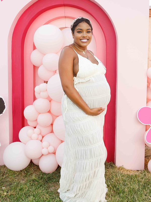 Momnfancy Apricot Spaghetti Strap Backless Lace-up Ruched V-Neck Baby Shower Maternity Maxi Dress