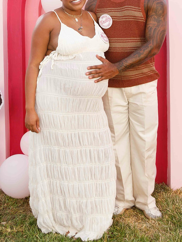 Momnfancy Apricot Spaghetti Strap Backless Lace-up Ruched V-Neck Baby Shower Maternity Maxi Dress