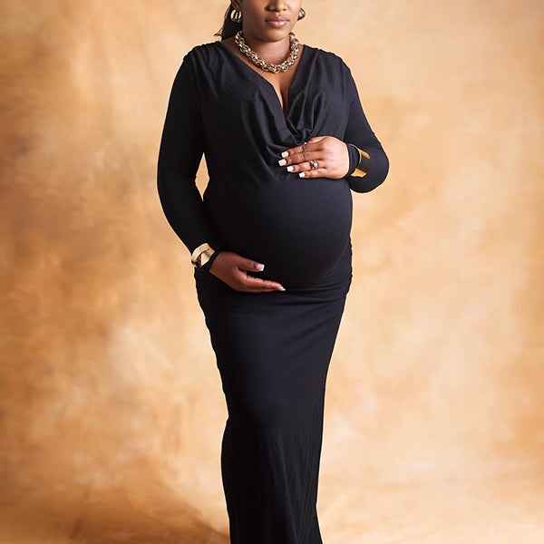 Momnfancy Black Hoodie Bodycon V-Neck Long Sleeve Mermaid Photoshoot Maternity Maxi Dress