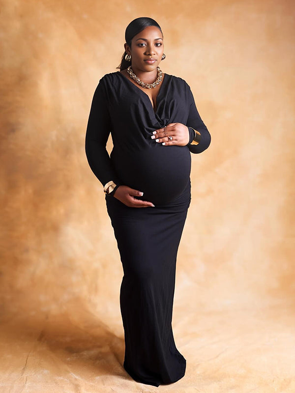 Momnfancy Black Hoodie Bodycon V-Neck Long Sleeve Mermaid Photoshoot Maternity Maxi Dress