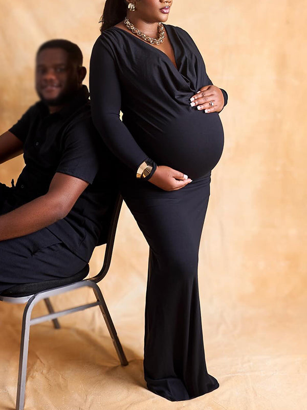 Momnfancy Black Hoodie Bodycon V-Neck Long Sleeve Mermaid Photoshoot Maternity Maxi Dress
