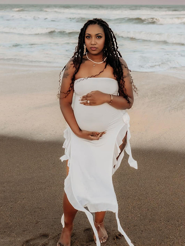 Momnfancy White Bandeau Ruched Splicing 3D Flowers Bodycon Photoshoot Maternity Maxi Dress