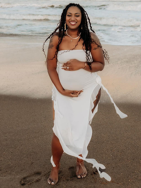 Momnfancy White Bandeau Ruched Splicing 3D Flowers Bodycon Photoshoot Maternity Maxi Dress