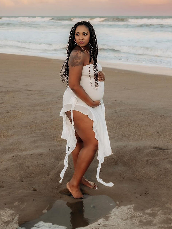 Momnfancy White Bandeau Ruched Splicing 3D Flowers Bodycon Photoshoot Maternity Maxi Dress