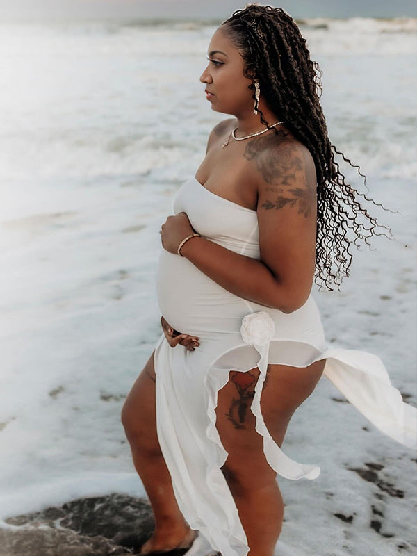 Momnfancy White Bandeau Ruched Splicing 3D Flowers Bodycon Photoshoot Maternity Maxi Dress