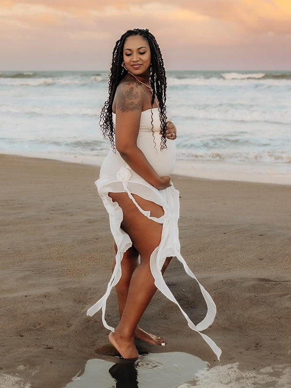 Momnfancy White Bandeau Ruched Splicing 3D Flowers Bodycon Photoshoot Maternity Maxi Dress