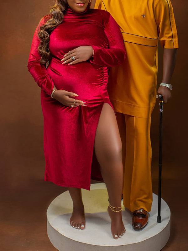 Momnfancy Wine Red Ruched Pleuche Bodycon Side Slit Long Sleeve Photoshoot Maternity Maxi Dress