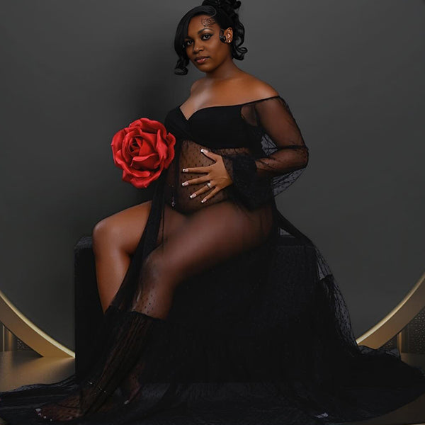 Momnfancy Mesh Polka Dot Off Shoulder Ruffle Side Slit Tulle Puff Sleeve Photoshoot Maternity Maxi Dress