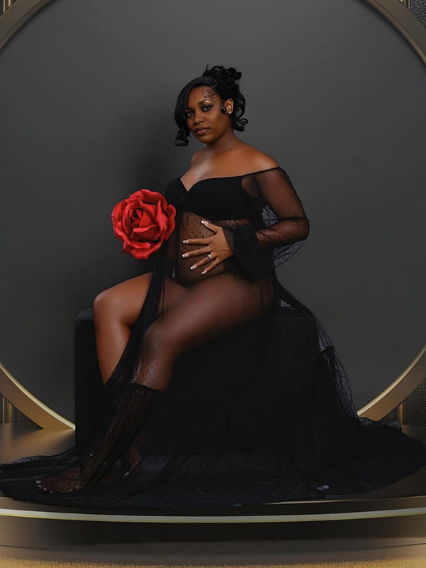 Momnfancy Mesh Polka Dot Off Shoulder Ruffle Side Slit Tulle Puff Sleeve Photoshoot Maternity Maxi Dress