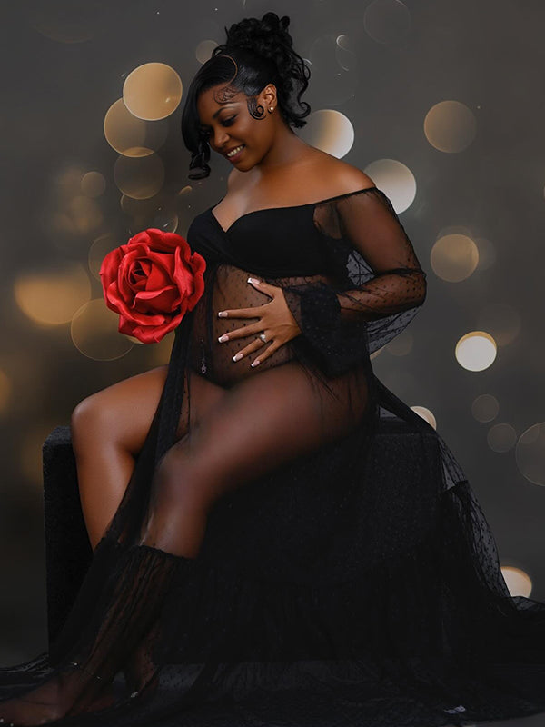 Momnfancy Mesh Polka Dot Off Shoulder Ruffle Side Slit Tulle Puff Sleeve Photoshoot Maternity Maxi Dress