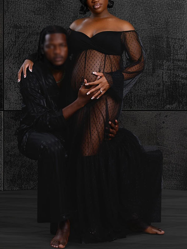Momnfancy Mesh Polka Dot Off Shoulder Ruffle Side Slit Tulle Puff Sleeve Photoshoot Maternity Maxi Dress