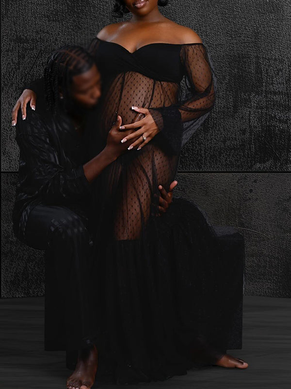 Momnfancy Mesh Polka Dot Off Shoulder Ruffle Side Slit Tulle Puff Sleeve Photoshoot Maternity Maxi Dress