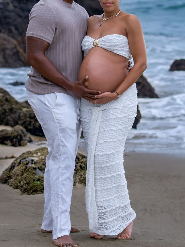 Momnfancy White Bandeau 2-in-1 Crop Draped Ruffle Bodycon Photoshoot Maternity Maxi Dress