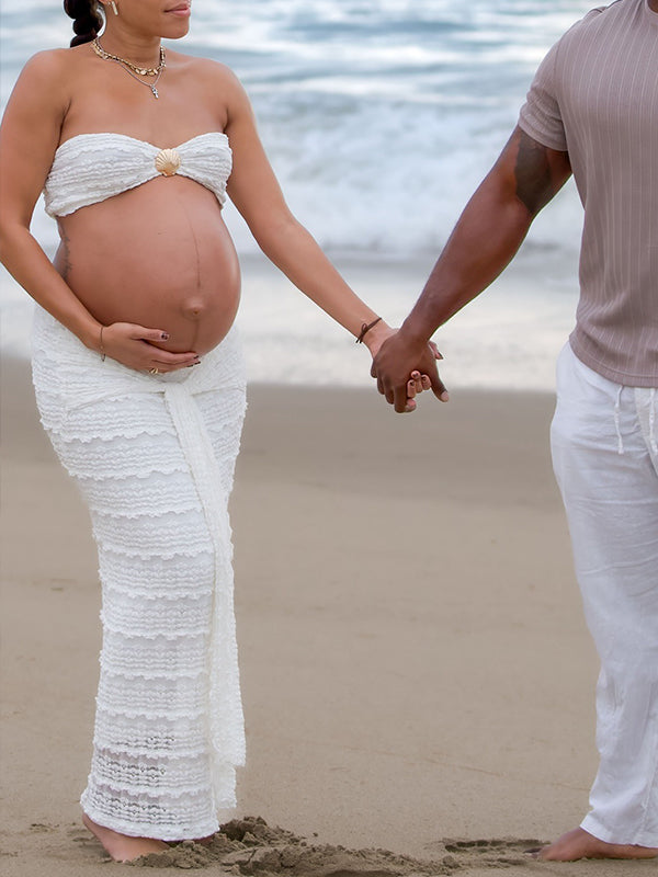 Momnfancy White Bandeau 2-in-1 Crop Draped Ruffle Bodycon Photoshoot Maternity Maxi Dress