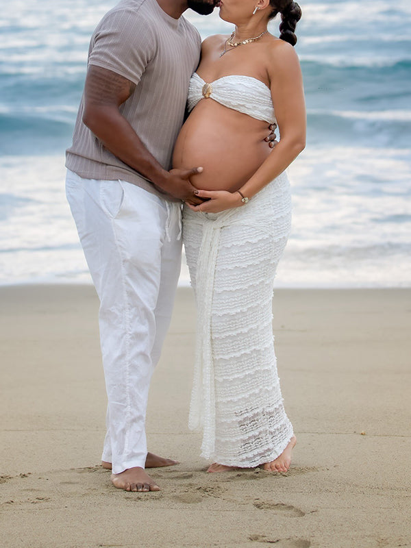 Momnfancy White Bandeau 2-in-1 Crop Draped Ruffle Bodycon Photoshoot Maternity Maxi Dress