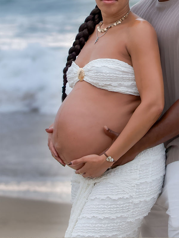 Momnfancy White Bandeau 2-in-1 Crop Draped Ruffle Bodycon Photoshoot Maternity Maxi Dress