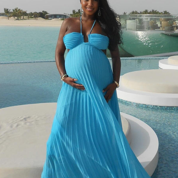 Momnfancy Halter Neck Pleated Backless Cut Out Back Tie Photoshoot Maternity Maxi Dress