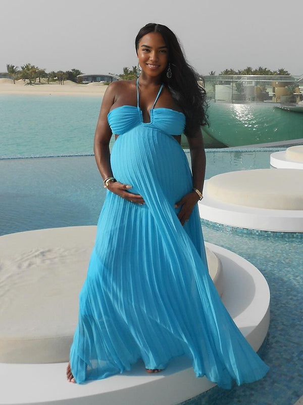 Momnfancy Halter Neck Pleated Backless Cut Out Back Tie Photoshoot Maternity Maxi Dress