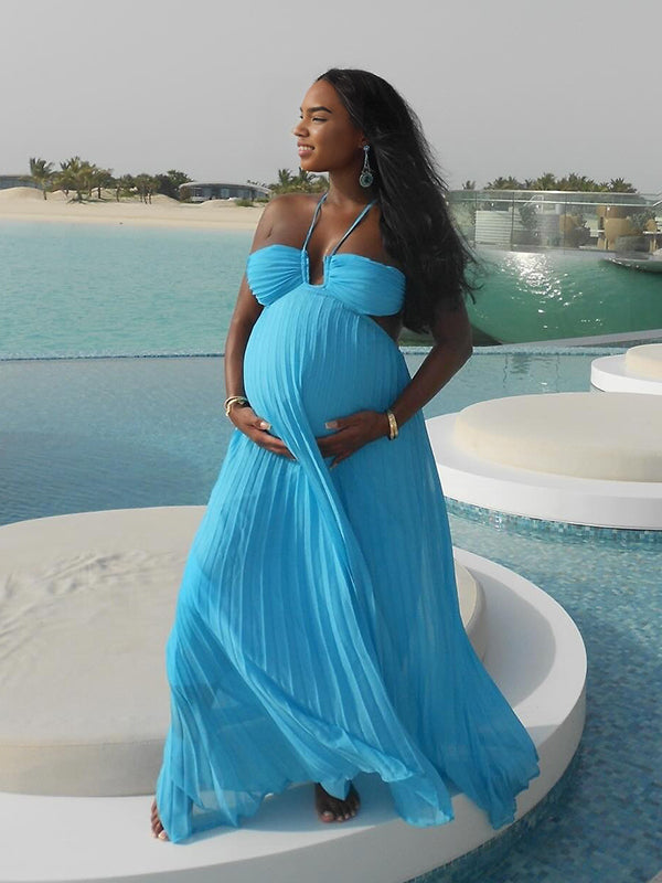Momnfancy Halter Neck Pleated Backless Cut Out Back Tie Photoshoot Maternity Maxi Dress