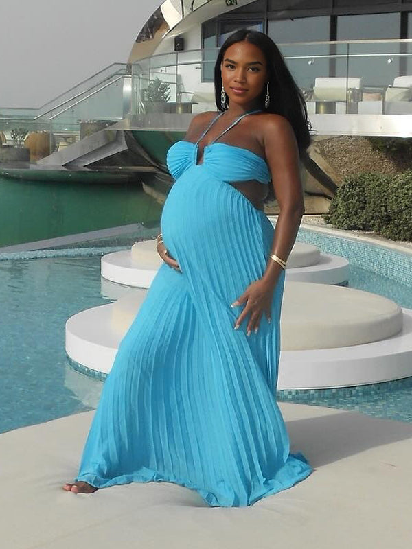 Momnfancy Halter Neck Pleated Backless Cut Out Back Tie Photoshoot Maternity Maxi Dress