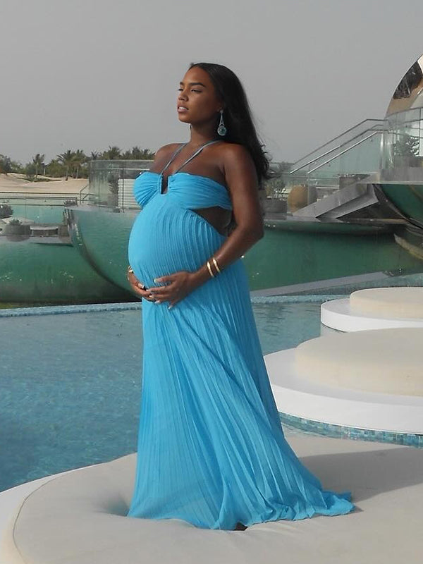 Momnfancy Halter Neck Pleated Backless Cut Out Back Tie Photoshoot Maternity Maxi Dress