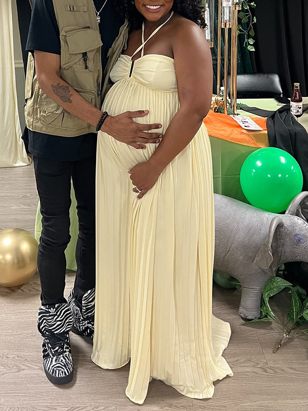 Momnfancy Halter Neck Pleated Backless Cut Out Back Tie Photoshoot Maternity Maxi Dress